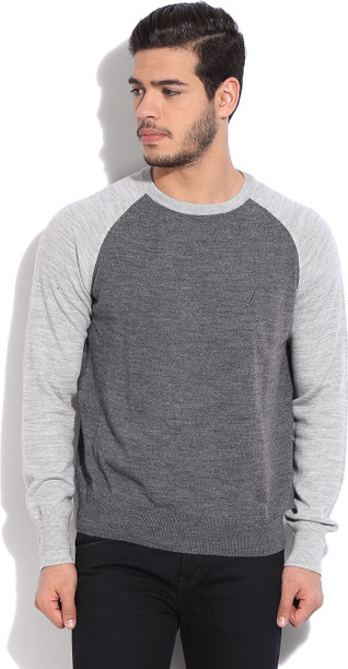 Nautica Solid Round Neck Casual Men Grey Sweater